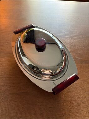 MCM GLO HILL - Gourmates Chrome Serving Tray w/Cherry Red Bakelite Handles